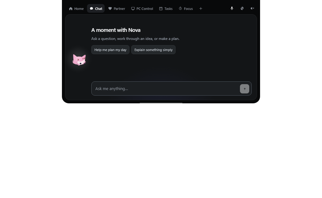 Baymax chat view with a sample assistant named Nova and an empty message input.