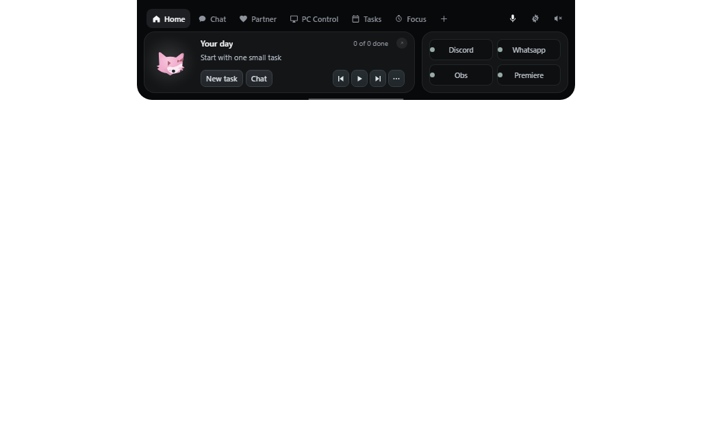 Actual Baymax home card with sample tasks, music controls and a companion.