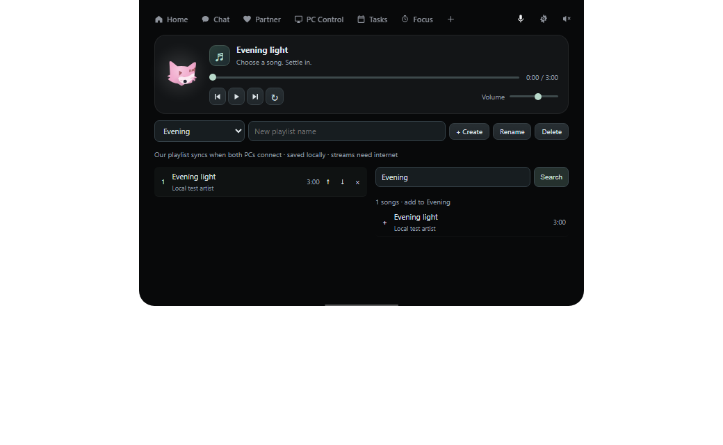 Baymax Music view showing the fictional sample track Evening light.